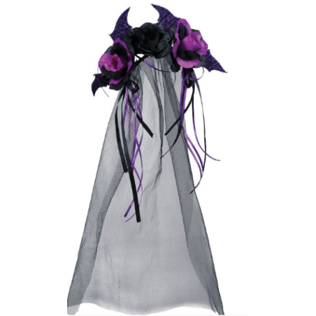 Diadema con Flores Negras y Lilas con Velo