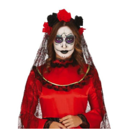 Diadema Flores Negras y Rojas con Velo