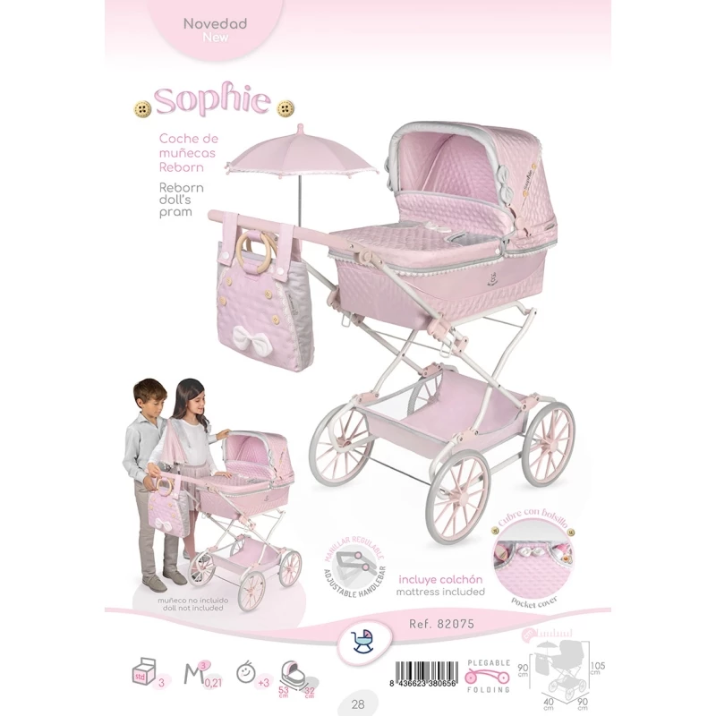 Coche De Muñecas Sophie Reborn Plegable Con Sombrilla Rosa