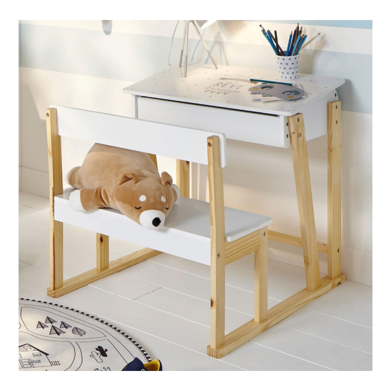 Pupitre Blanco Con Banco Madera