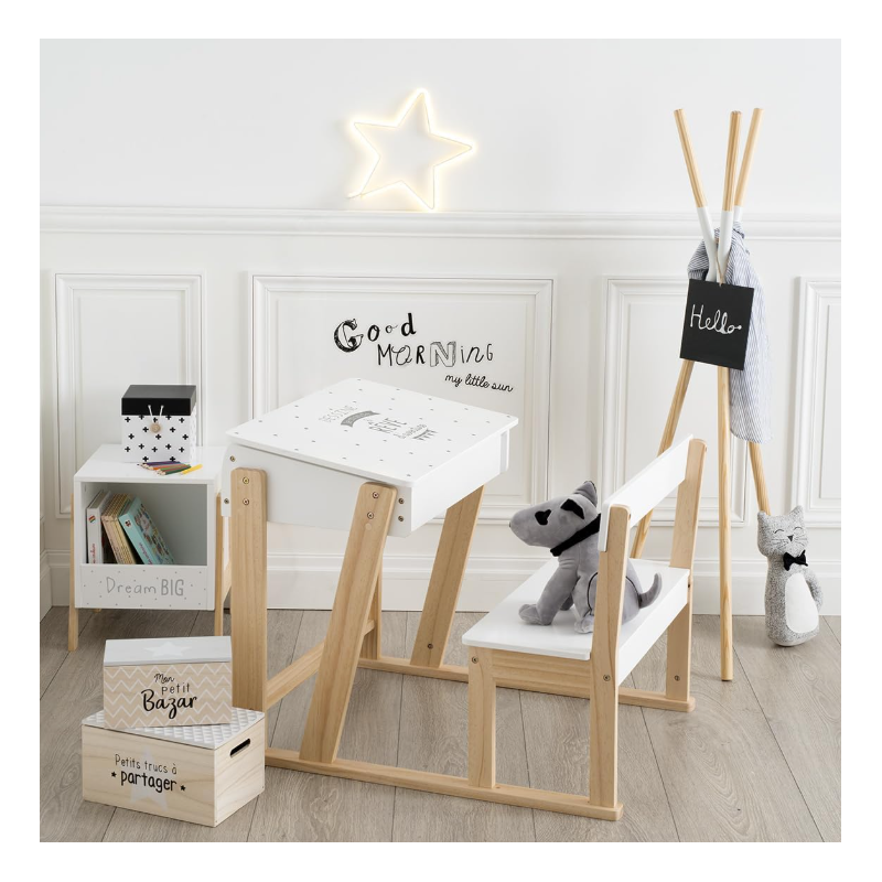 Pupitre Blanco Con Banco Madera