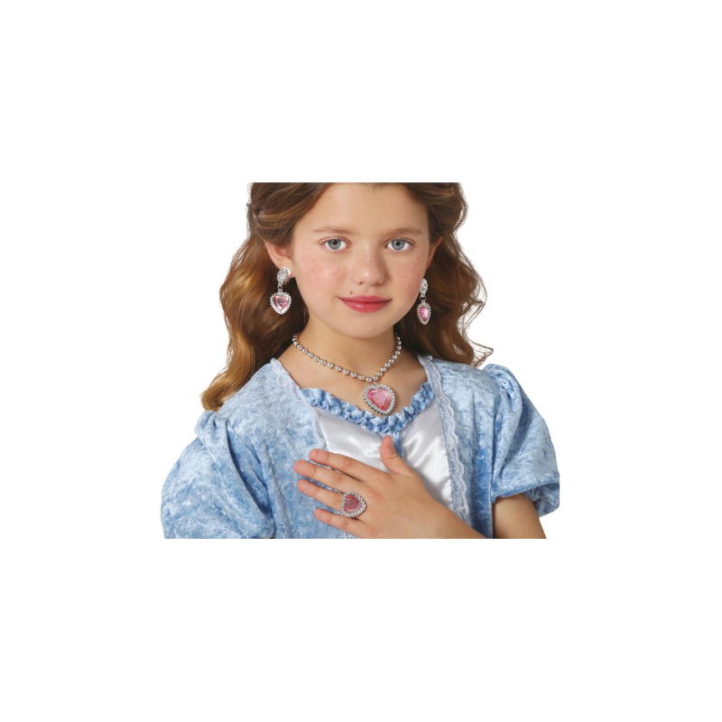 Set Corazón Rosa Collar Anillo Y Pendiente