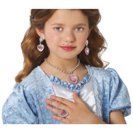 Set Corazón Rosa Collar Anillo Y Pendiente