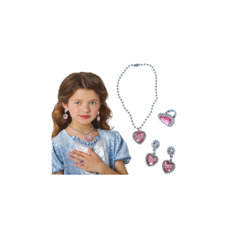 Set Corazón Rosa Collar Anillo Y Pendiente