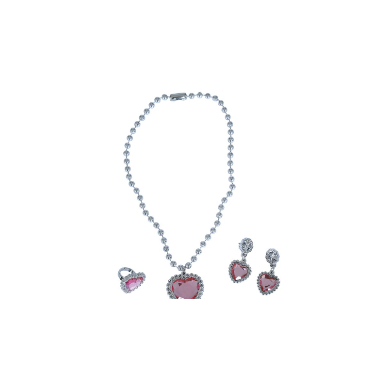 Set Corazón Rosa Collar Anillo Y Pendiente