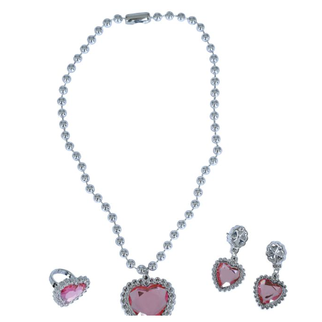 Set Corazón Rosa Collar Anillo Y Pendiente