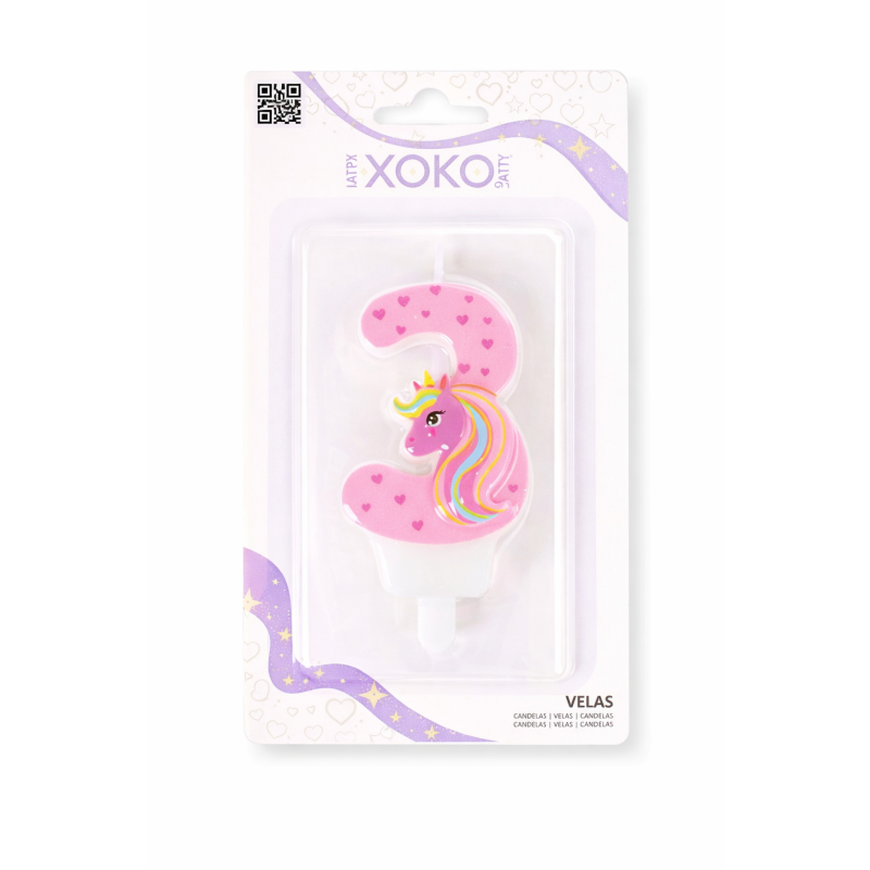 Vela De Cumpleaños Número 3 Unicornio