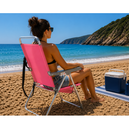 Silla De Playa Multiposición Con Pata Trasera Y Bandolera Rosa