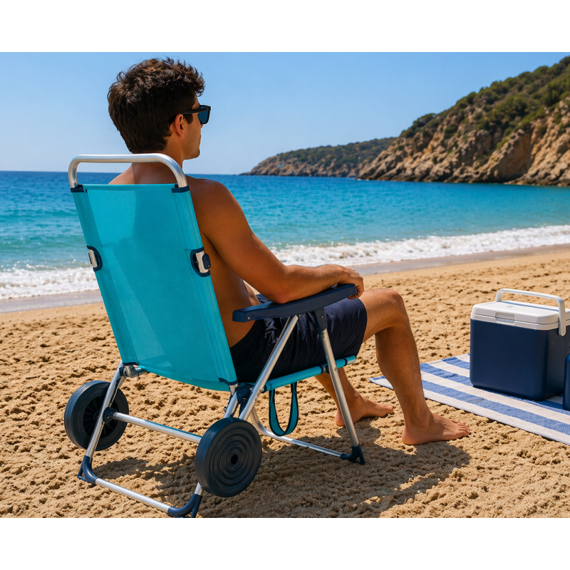 Silla De Playa Alta Multiposición Con Ruedas Turquesa