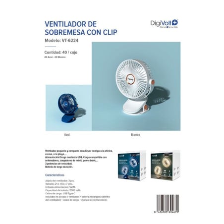 Digivolt Ventilador De Sobremesa Con Clip Recargable 21 cm
