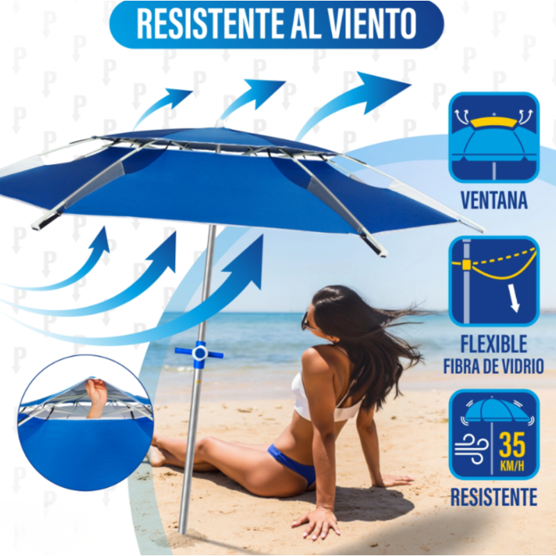Sombrilla De Playa Antiviento Azul 2 Metros