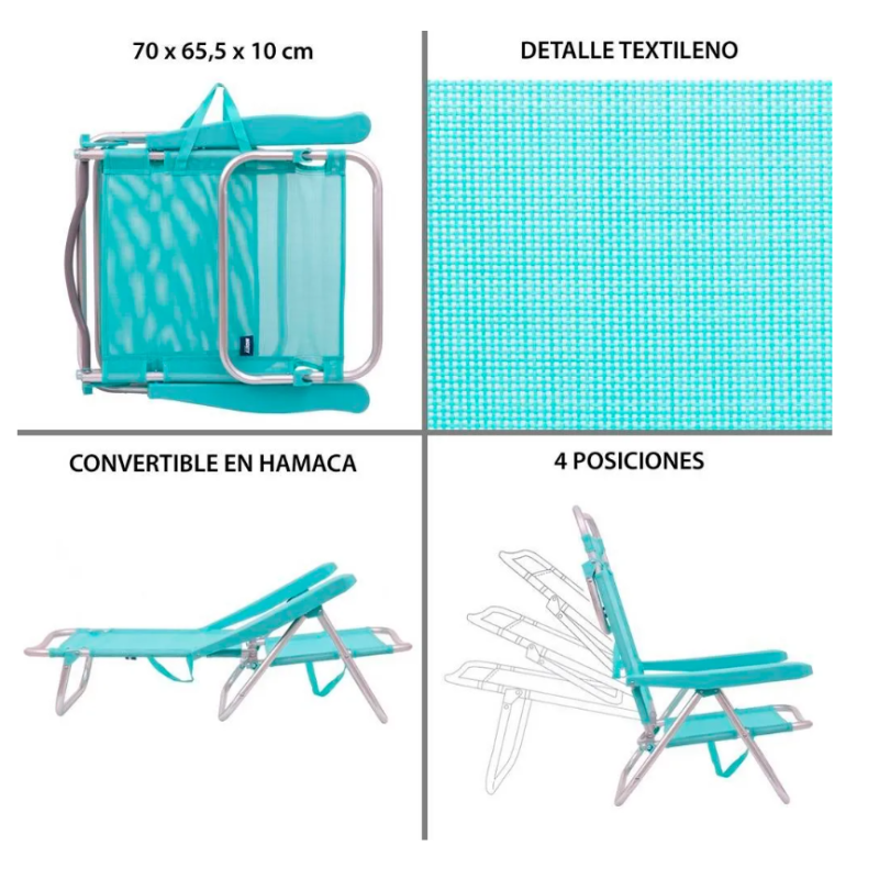 Silla 4 Posiciones Con Cojín y Bolsillos Aguamarina