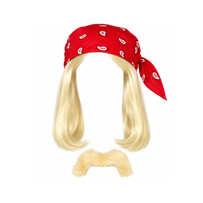 Pañuelo Rojo con Peluca Rubia y Bigote