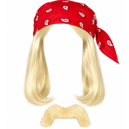 Pañuelo Rojo con Peluca Rubia y Bigote