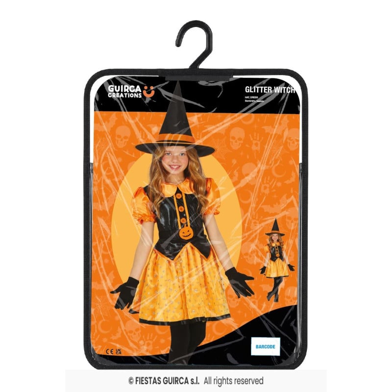 Disfraz Bruja Glitter Naranja Infantil 5-6 Años