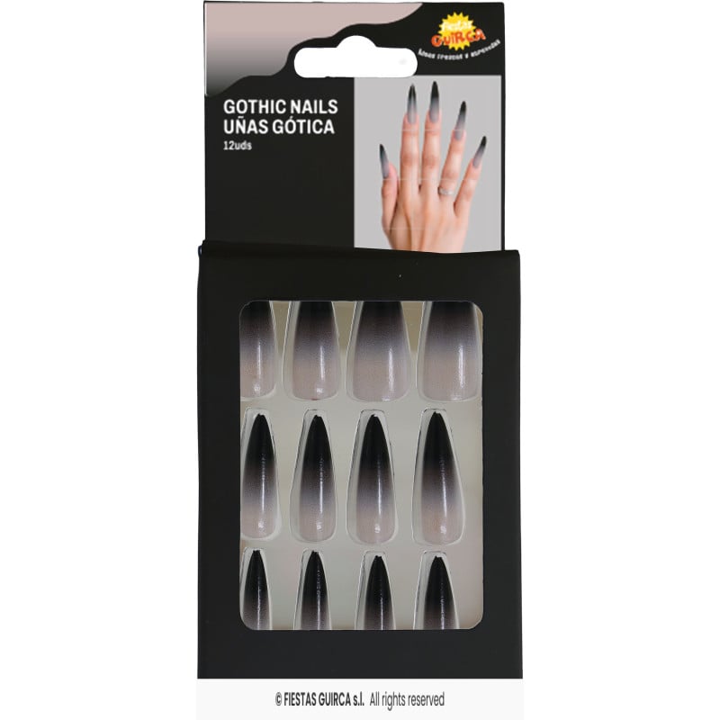 Uñas Góticas Postizas Negras Degradadas – 12 Unidades