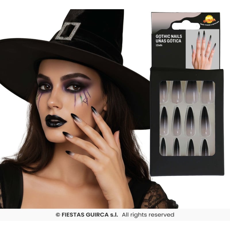 Uñas Góticas Postizas Negras Degradadas – 12 Unidades