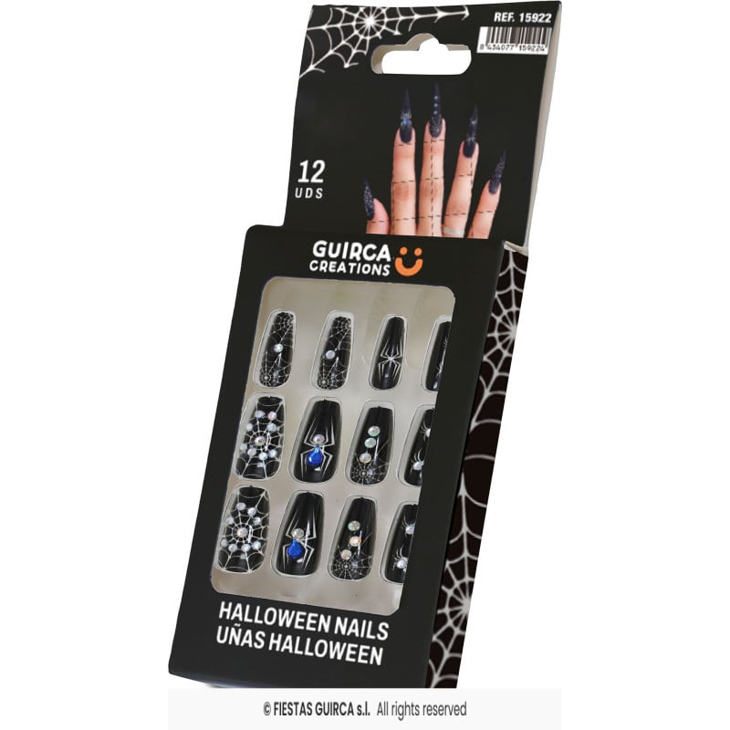Uñas Postizas Halloween Arañas y Telarañas – 12 Unidades