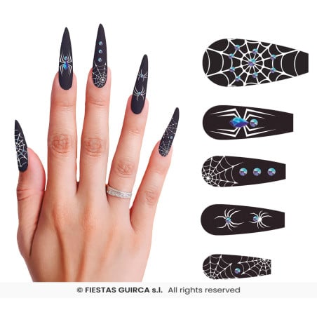 Uñas Postizas Halloween Arañas y Telarañas – 12 Unidades