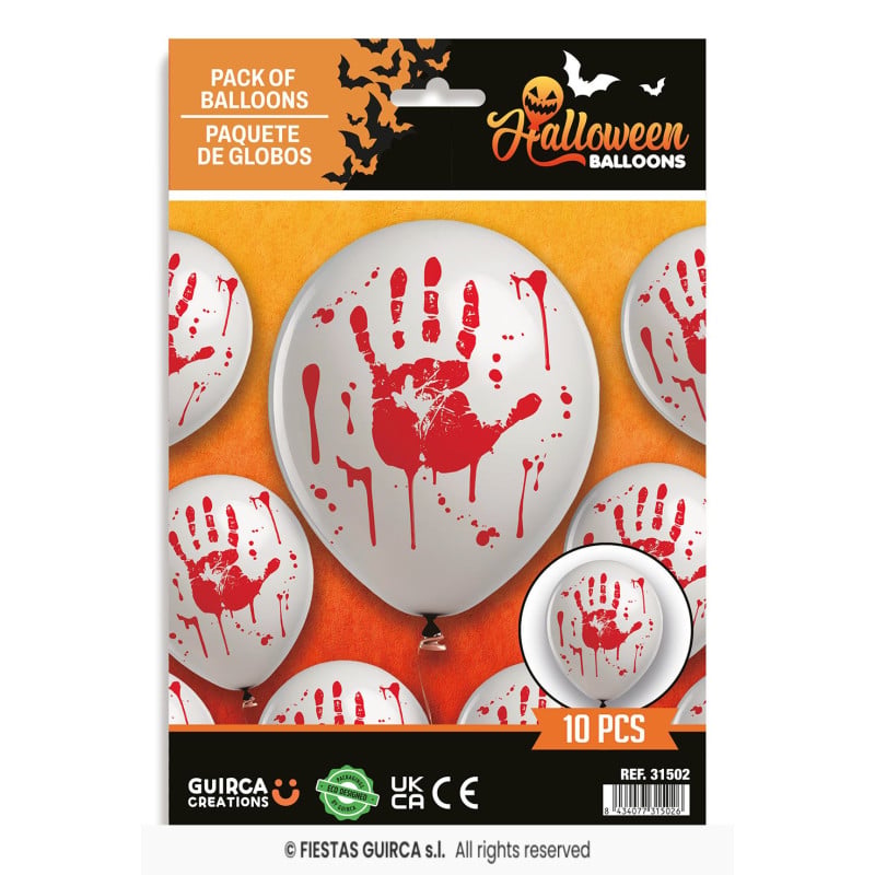 Pack 10 Globos Blancos Mano Sangrienta 30 cm