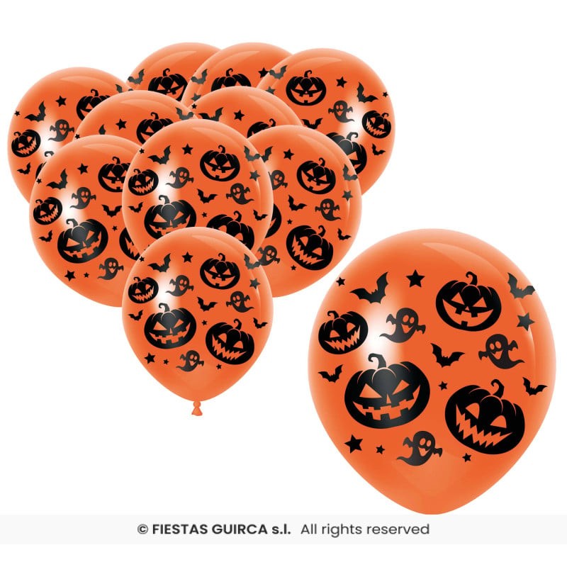 Pack 10 Globos Naranjas Fantasmas y Calabazas 30 cm