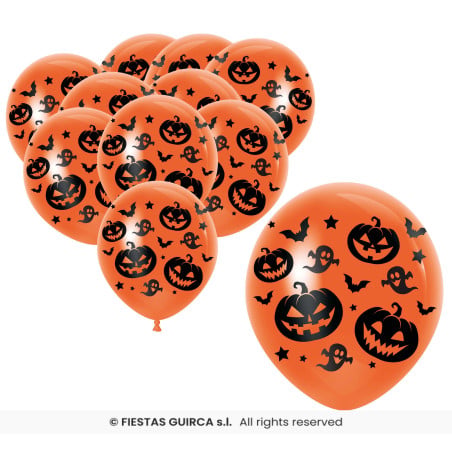 Pack 10 Globos Naranjas Fantasmas y Calabazas 30 cm