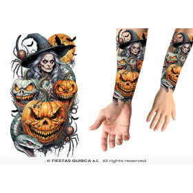 Tatuaje Temporal Manga Bruja y Calabazas