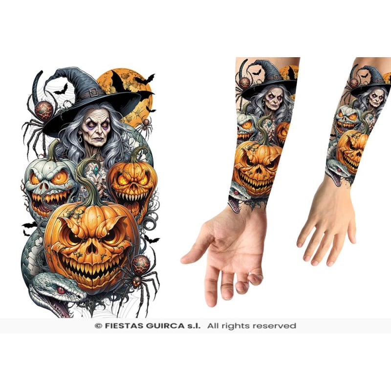 Tatuaje Temporal Manga Bruja y Calabazas