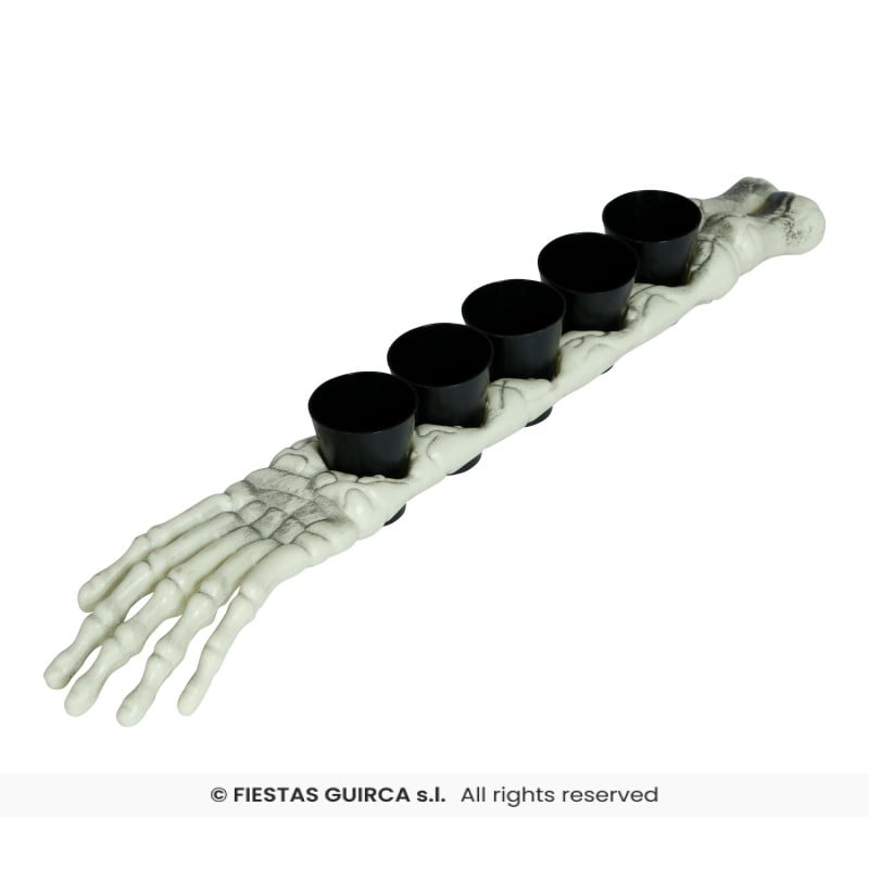 Brazo de Esqueleto 50 cm con 5 Vasos de Chupito