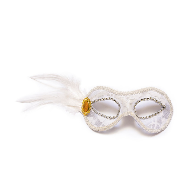 Antifaz Veneciano Blanco con Plumas y Encaje