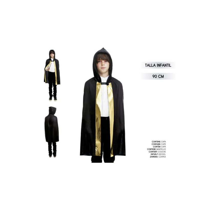Capa Infantil Negra con Capucha y Detalles Dorados 90 cm