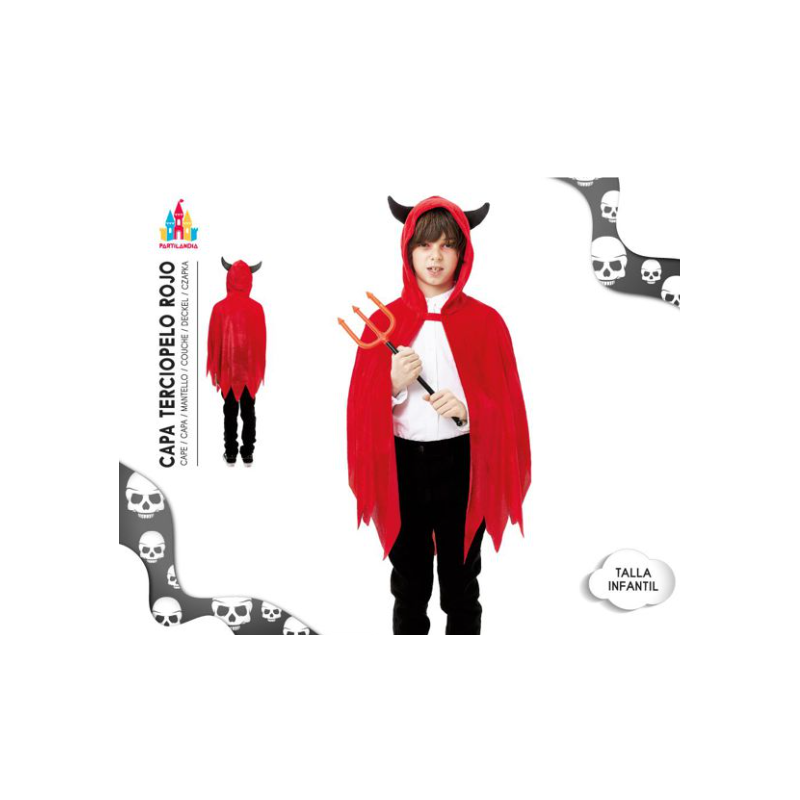 Capa Infantil de Diablo Rojo con Capucha y Cuernos 90 cm