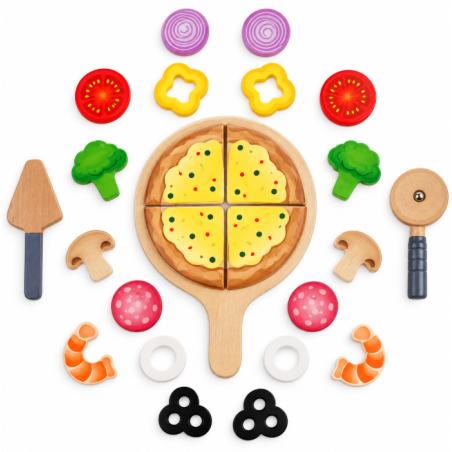 Hape Set de Pizza de Madera con Ingredientes y Accesorios