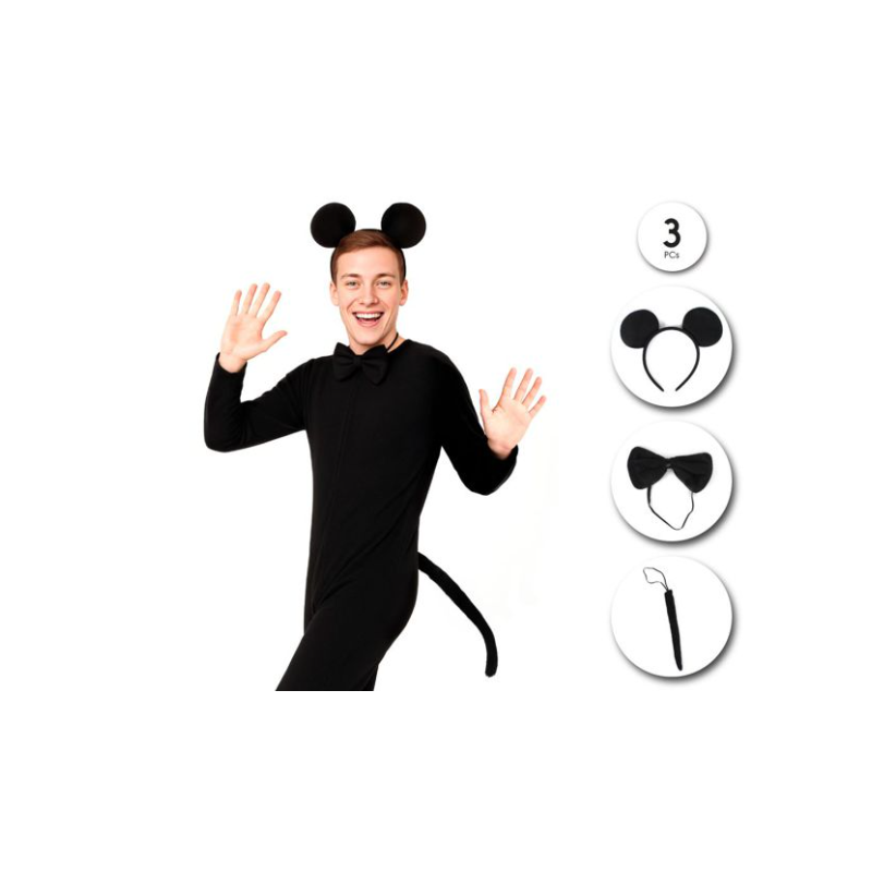 Kit de Disfraz Ratón Negro con Orejas, Pajarita y Cola