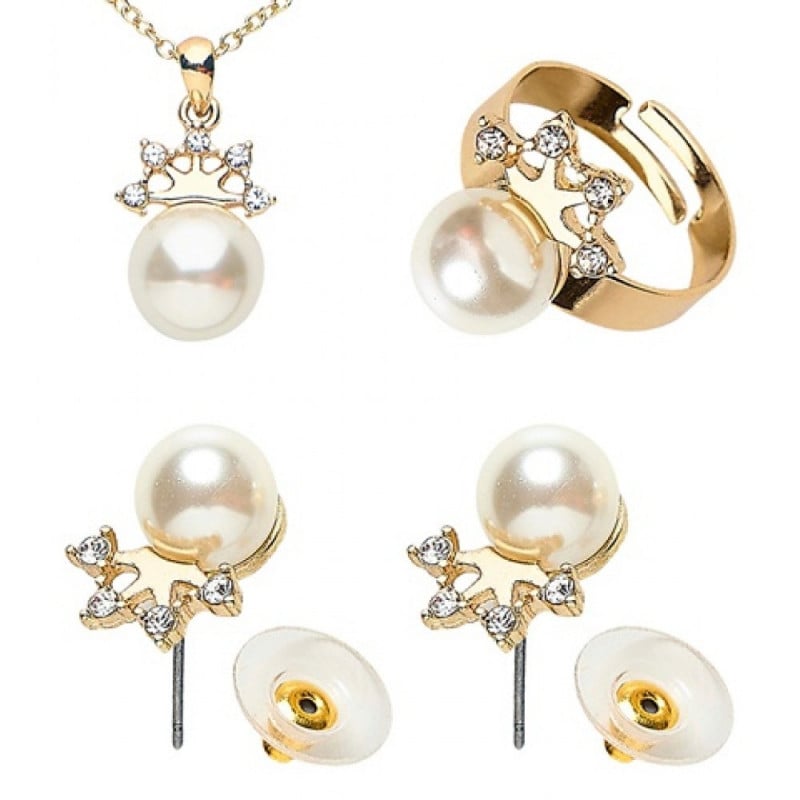 COLLAR PENDIENTES Y ANILLO PERLA CORONA 