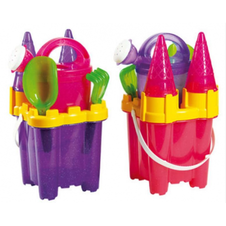 CUBO CASTILLO PLAYA PURPURINA CON REGADERA 16 CM SURTIDO
