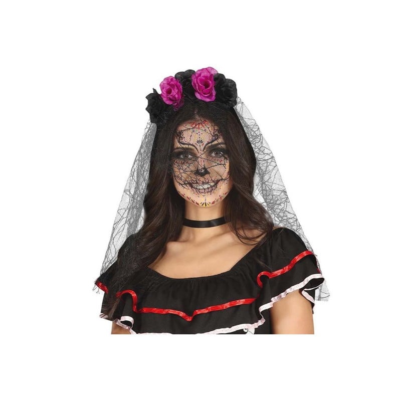 DIADEMA FLORES LILAS Y NEGRAS CON VELO