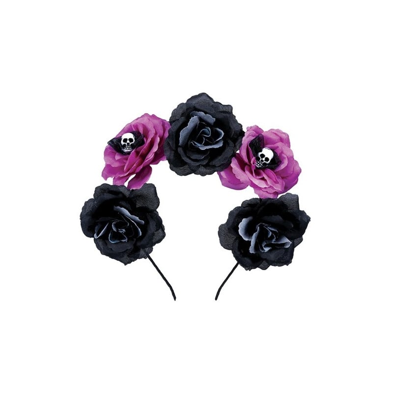 Diadema Catrina Flores Negras Y Rosas Con Calaveras