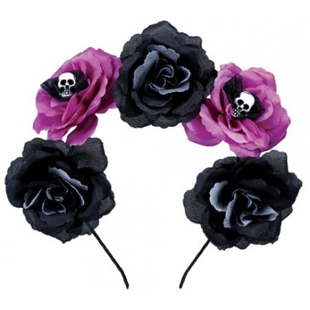 Diadema Catrina Flores Negras Y Rosas Con Calaveras