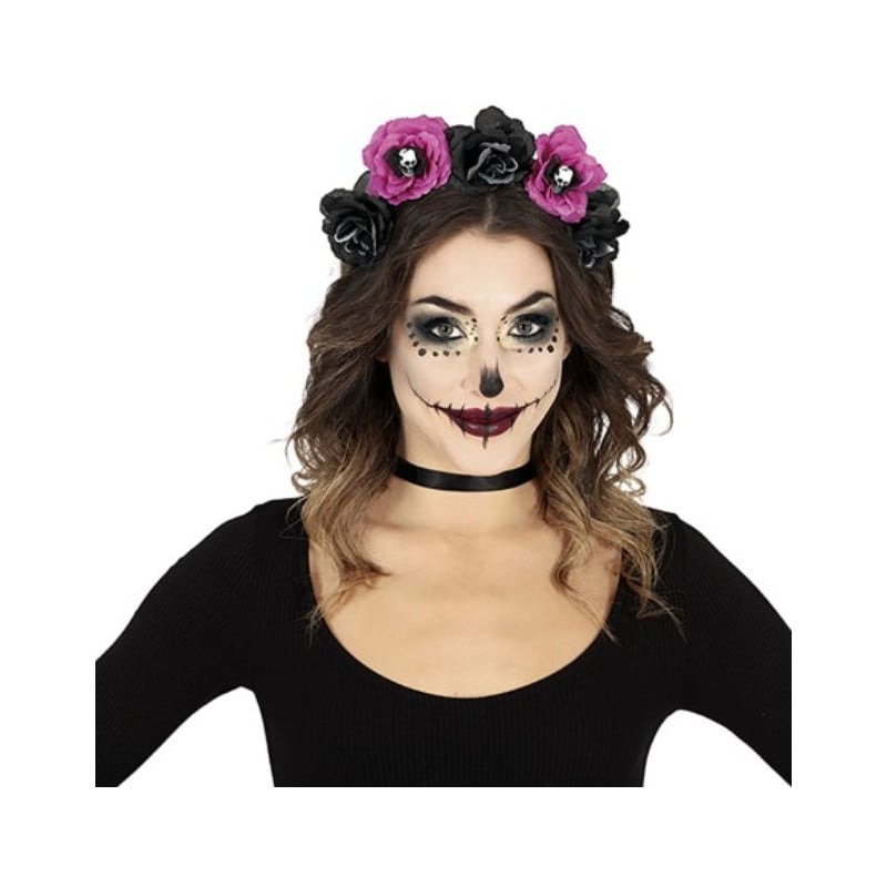 Diadema Catrina Flores Negras Y Rosas Con Calaveras