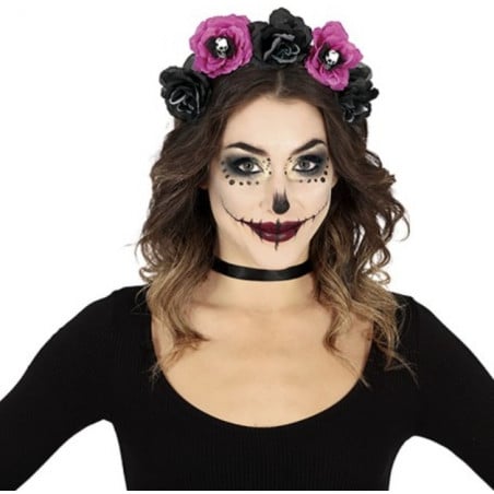 Diadema Catrina Flores Negras Y Rosas Con Calaveras