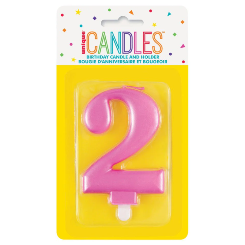 Vela De Cumpleaños Número 2 Rosa Metalizada De Fiesta Y Cumpleaños