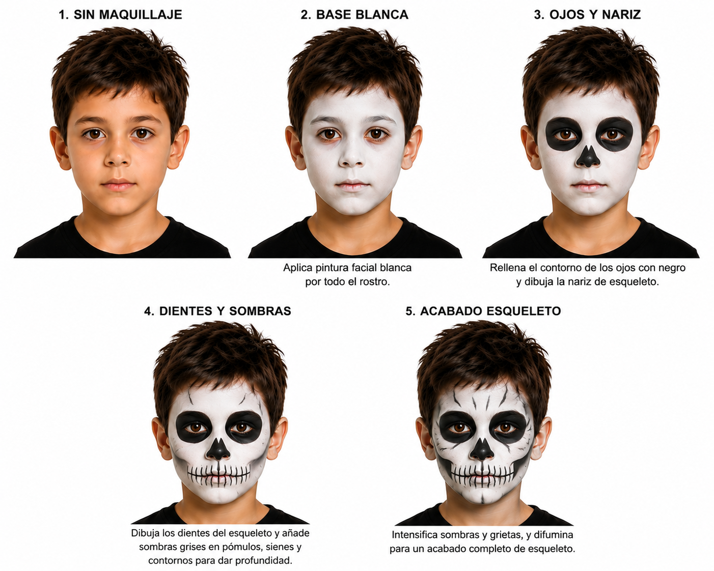 Maquillaje de esqueleto infantil paso a paso para Halloween
